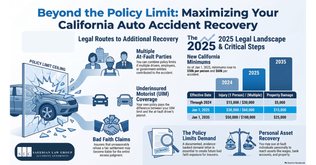 Beyond the Policy Limit infographic Infographic outlining California routes to recovery beyond an auto policy limit