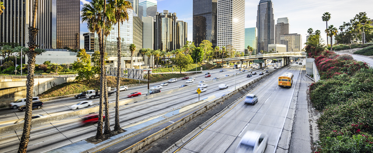 Cars speeding on the Los Angeles freeway