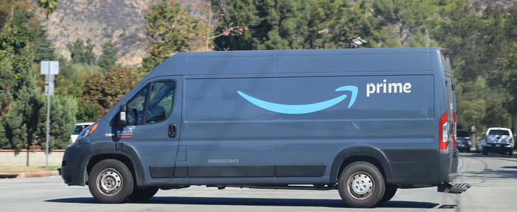 Amazon delivery truck driving around Los Angeles