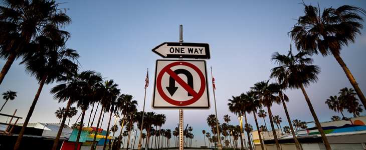 Close-up photo of a no U-Turn sign in Los Angeles