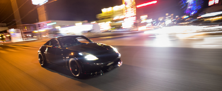 Street racer speeding down a Los Angeles road