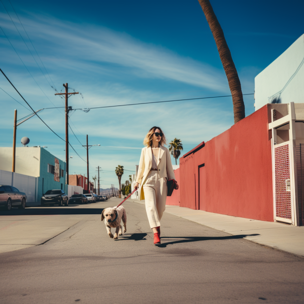 Woman in Los Angeles walking her dog