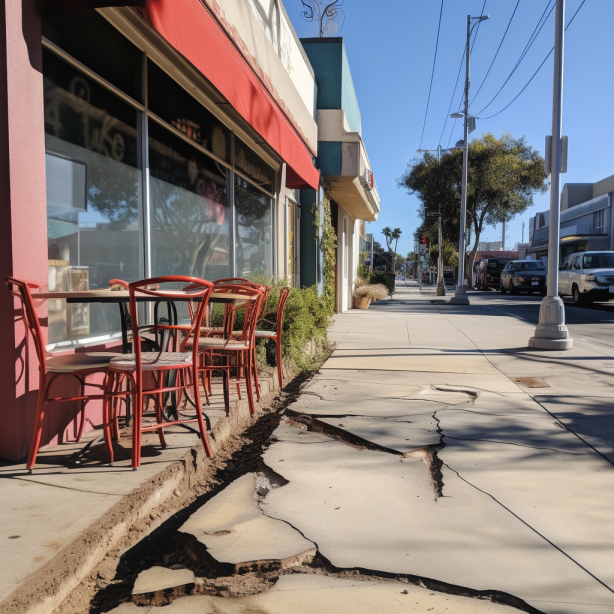 Uneven, cracked sidewalk in front of a coffee shop in los angeles