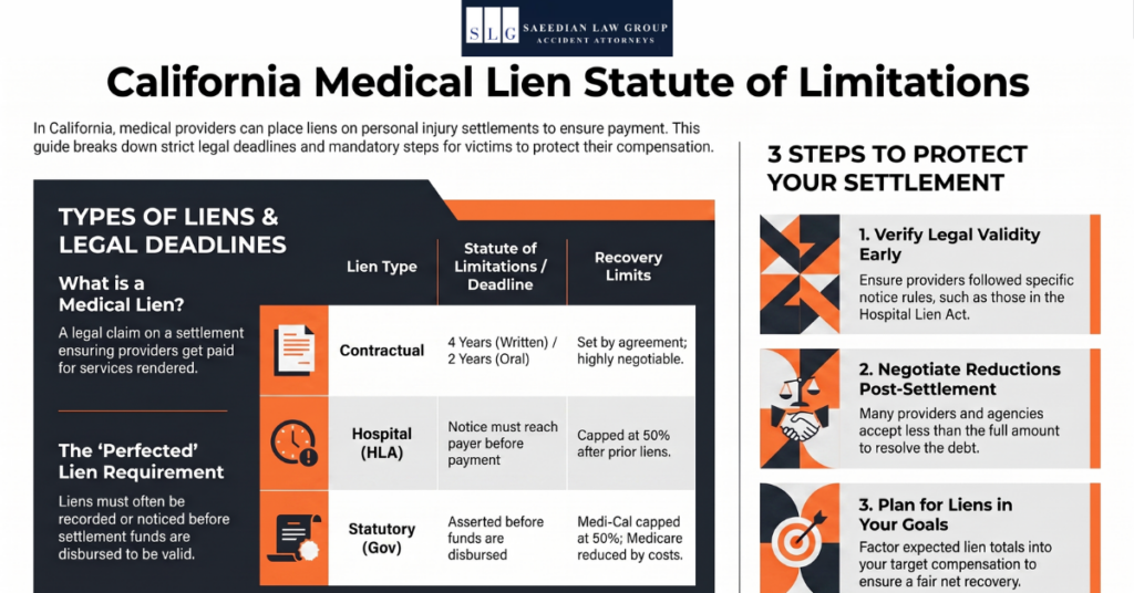 Infographic explaining California medical lien deadlines, lien types, recovery limits, and steps to protect a personal injury settlement.