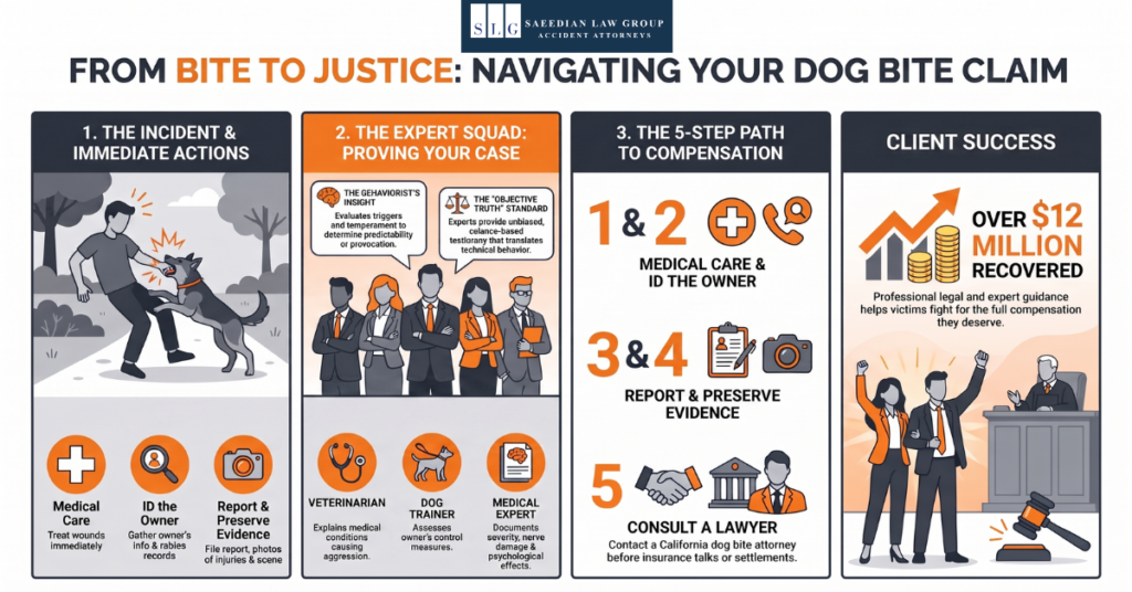 Infographic explaining the dog bite claim process, including medical care, identifying the owner, preserving evidence, expert witnesses, and legal representation.