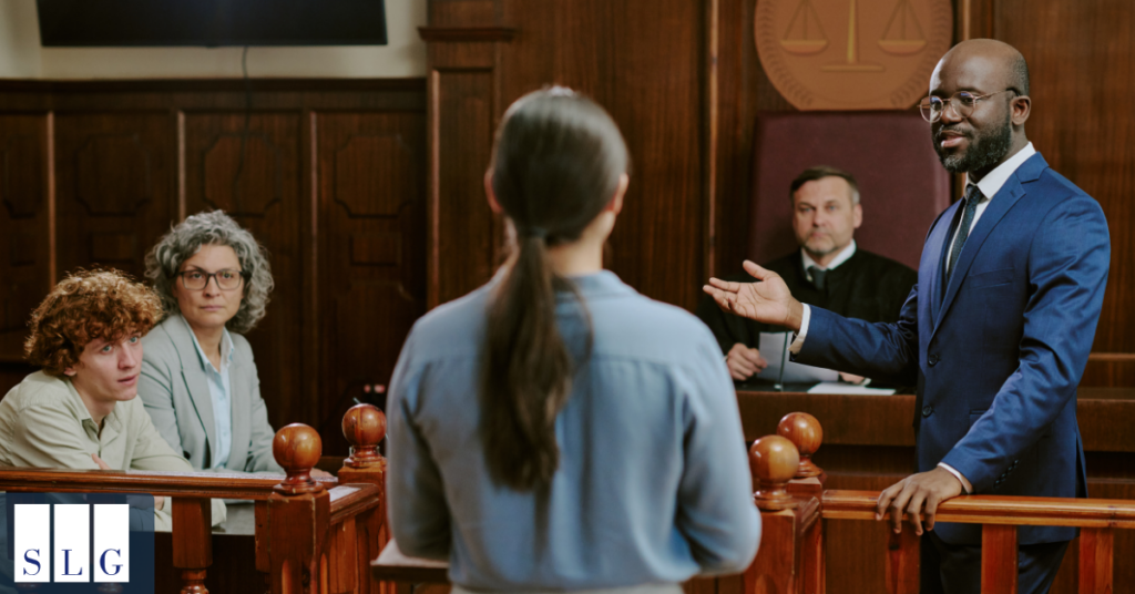 Courtroom with judge and lawyers discussing personal injury case