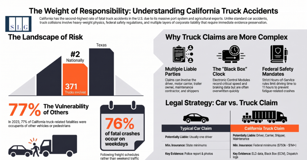 Infographic explaining California truck accident statistics, liability, federal safety rules, and differences between car and truck accident claims.
