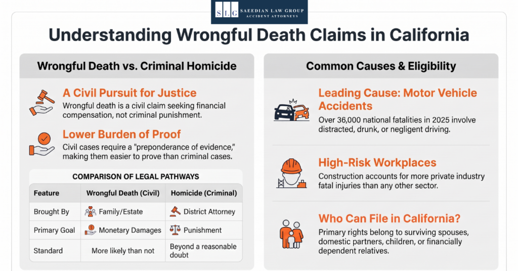 Infographic explaining California wrongful death claims, civil versus criminal cases, common causes, and who may file a claim.