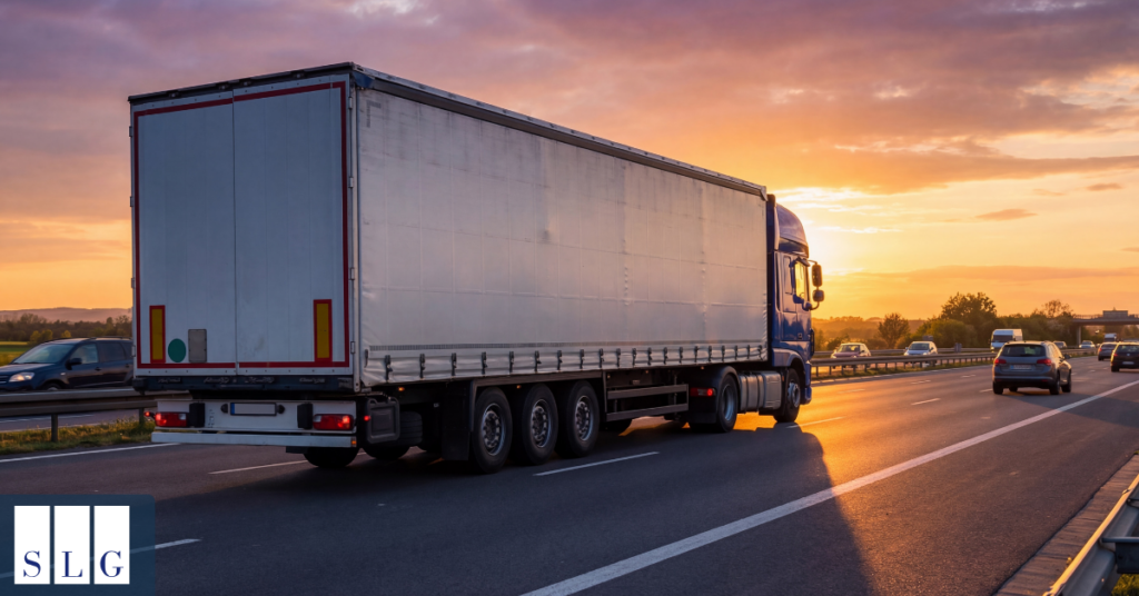 Large commercial truck traveling on a highway alongside passenger vehicles.