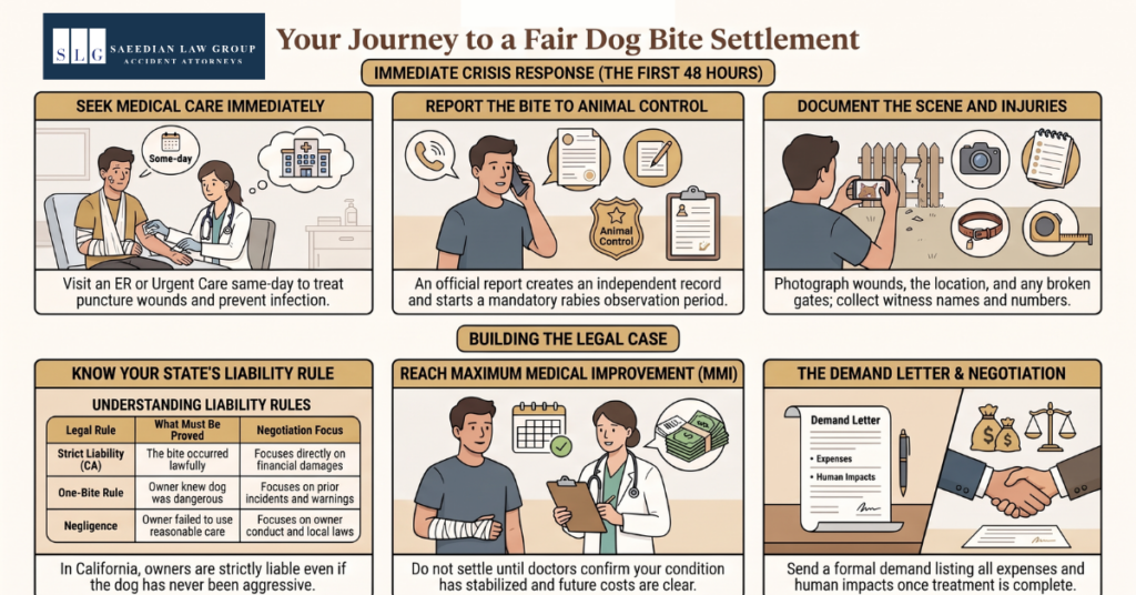 Infographic showing the steps of a dog bite settlement claim, from medical care and evidence collection to liability and negotiation.
