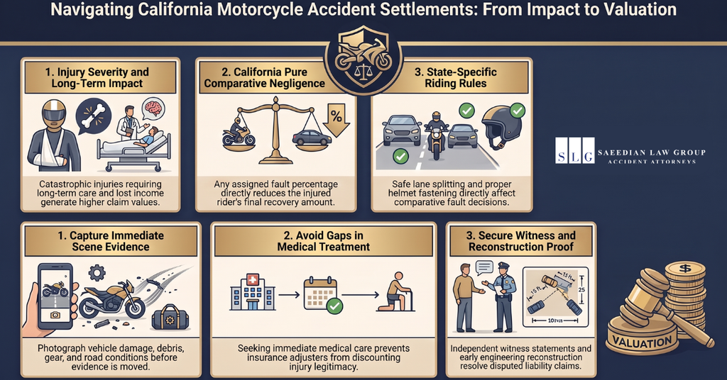 Infographic showing factors that affect California motorcycle accident settlements, including injuries, fault, evidence, and medical treatment.