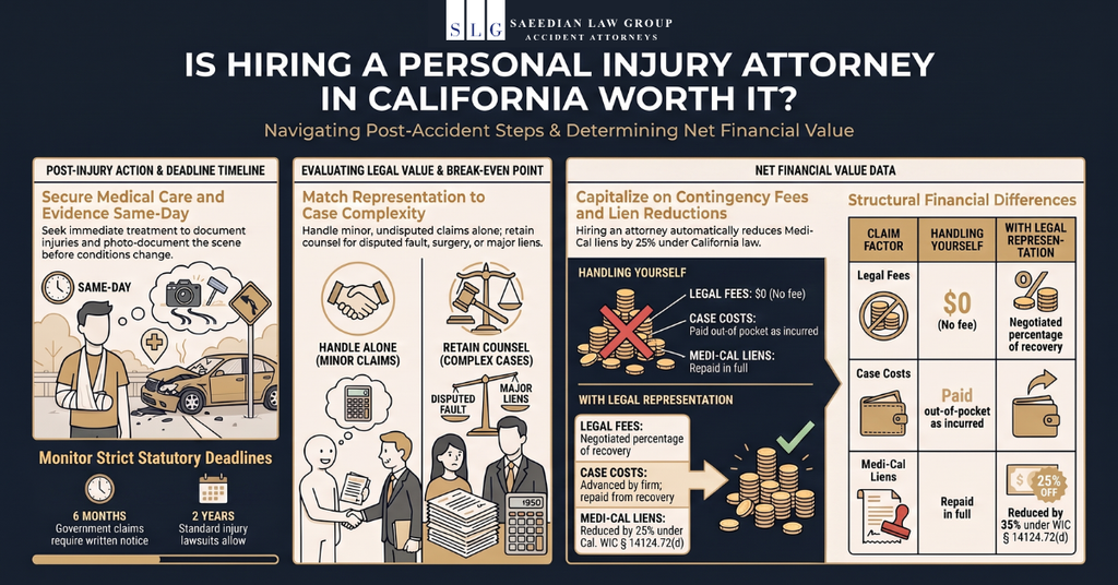 Infographic comparing self-representation and hiring a personal injury attorney in California, including fees, costs, liens, and claim considerations.