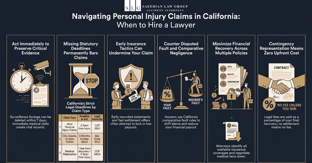 Infographic explaining when to hire a personal injury lawyer in California, including deadlines, insurance disputes, comparative fault, and contingency fees.