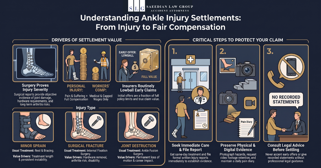 Infographic explaining ankle injury settlement factors, injury severity, surgery, evidence preservation, and steps to protect a personal injury claim.