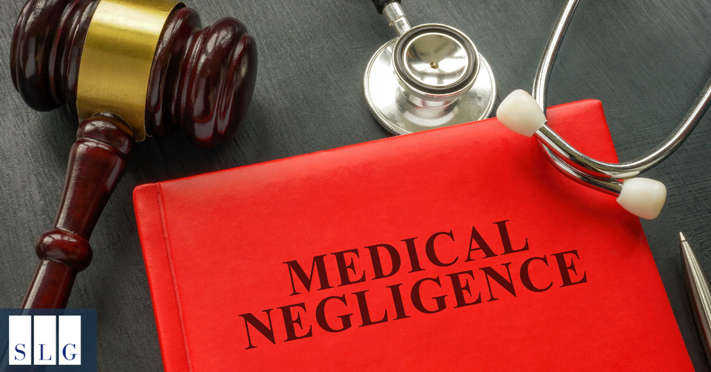 Red medical negligence book with a judge's gavel and stethoscope, representing medical malpractice lawsuits and wrongful death claims, with Saeedian Law Group branding.