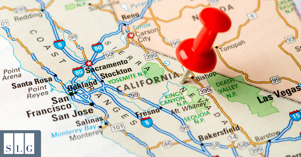 Close-up of a California map with a red push pin near the eastern Sierra Nevada region, representing medical negligence and wrongful death claims in California, with Saeedian Law Group branding.
