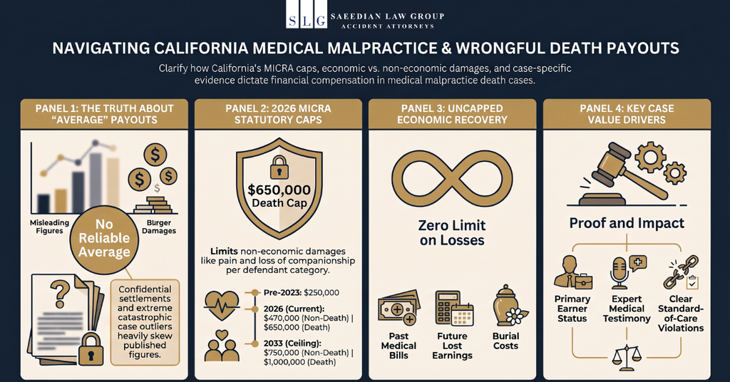 Infographic explaining California medical malpractice and wrongful death payouts, including 2026 MICRA damage caps, uncapped economic losses, and factors affecting settlement value.
